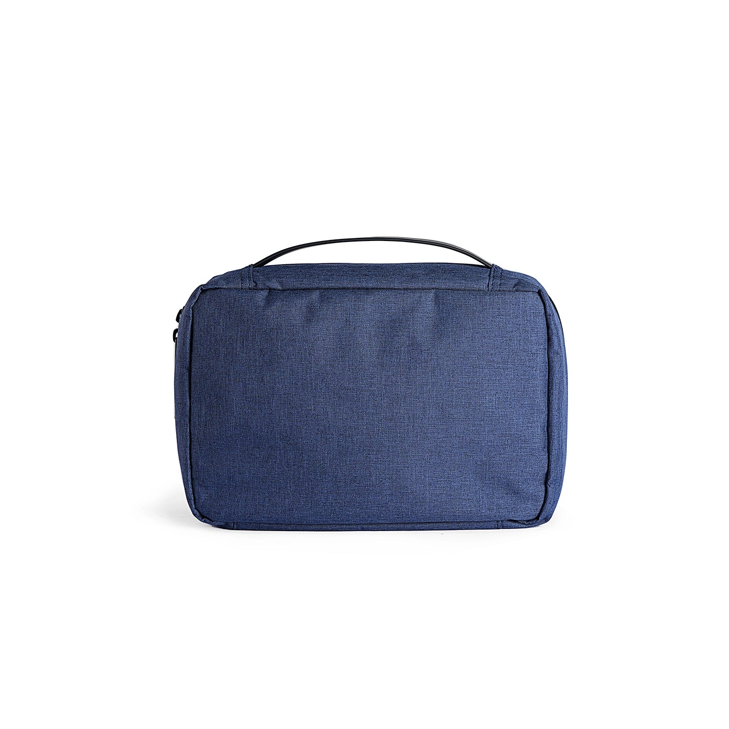 Dark blue compact washbag with textured fabric, black handle, multi-layer paged design for large capacity storage.