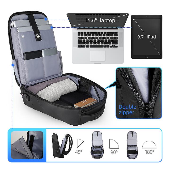 MarkRyden Global modern anti-theft laptop backpack w/USB charging - black w/gray interior compartments