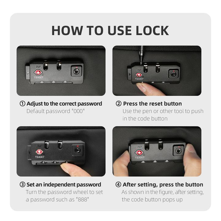 Step-by-step guide to setting the anti-theft lock on the Modern Anti-Theft & Water-Repellent Laptop Backpack: adjust default password "000", press reset button (using pen), set new password (e.g., "888"), and confirm lock.