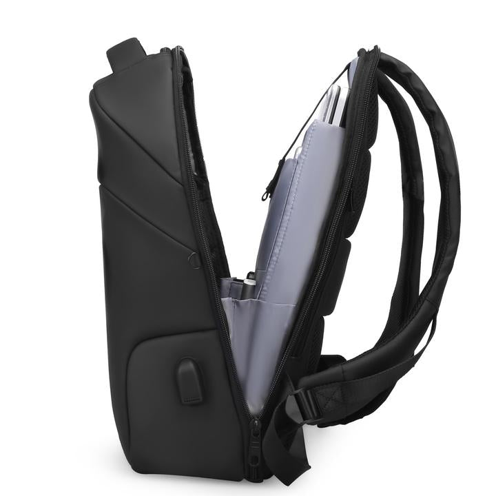 Modern black anti-theft water-repellent laptop backpack with USB charging by Mark Ryden Global