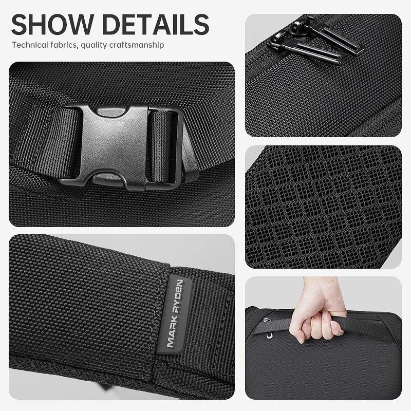 Mark Ryden black waterproof crossbody bag details: buckle, zippers, mesh pattern, brand label, and sturdy handle.