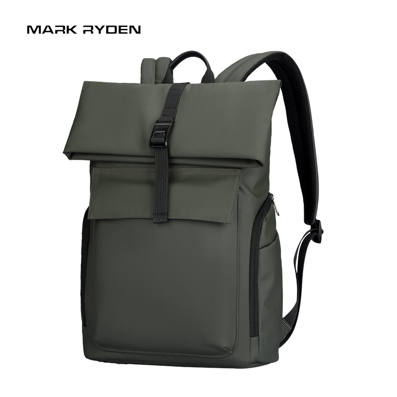 Mark Ryden olive green minimalist roll-top commuter backpack
