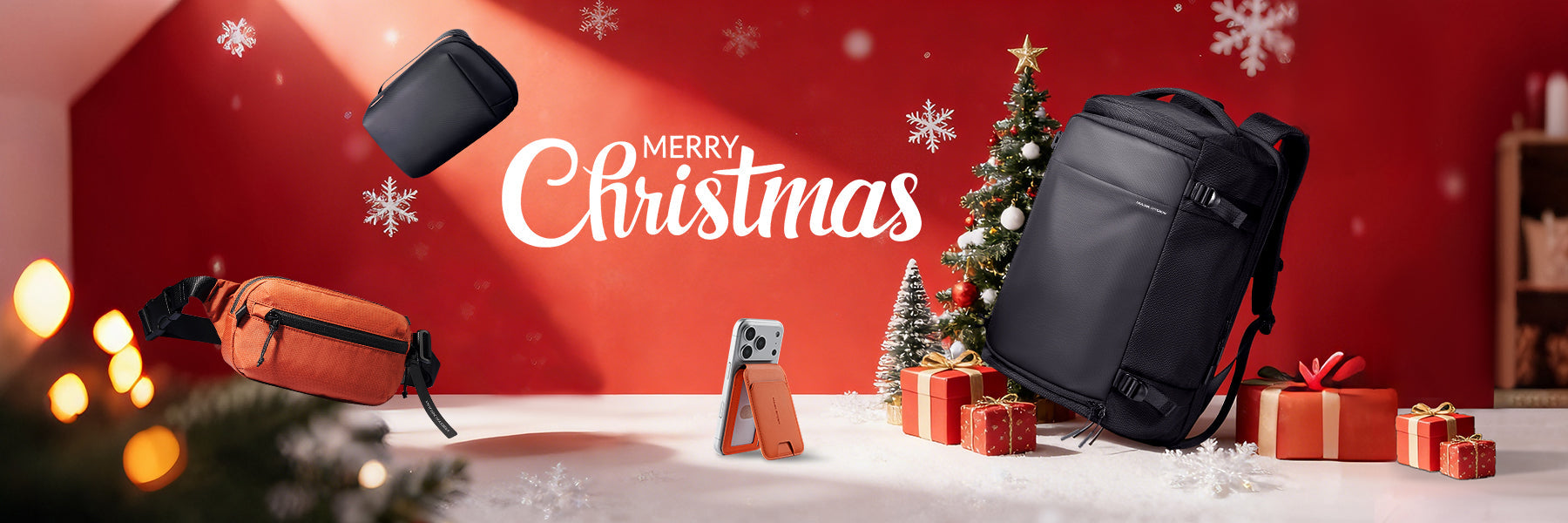 Mark Ryden anti-theft backpack & accessories, Merry Christmas banner, red backdrop, gifts