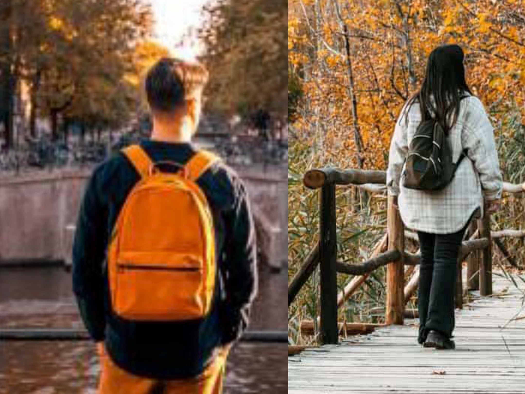 Man wearing bright orange anti-theft backpack in autumn park; woman with black backpack on wooden trail