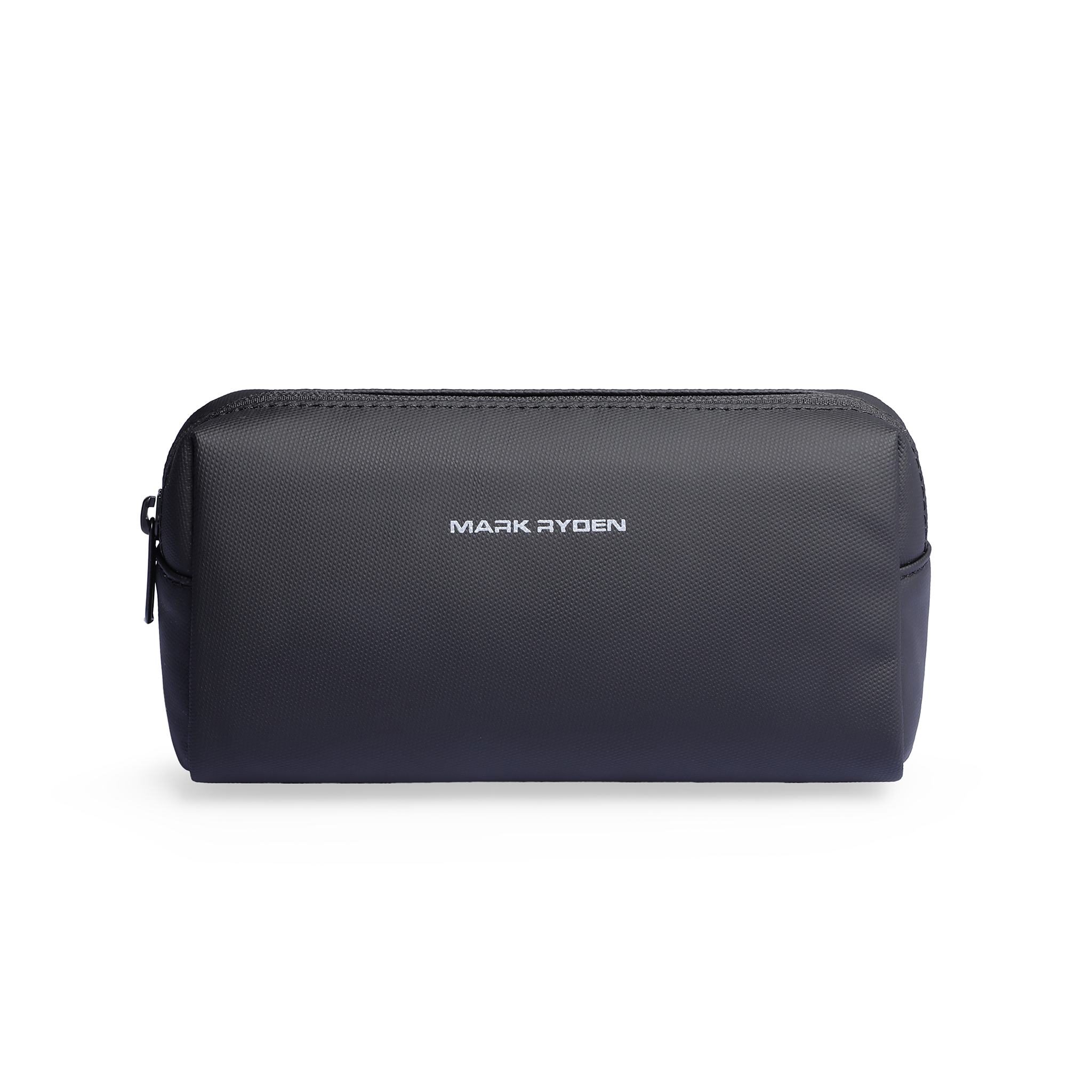 Dark gray portable large capacity traveling toiletries bag with zippered closure and Mark Ryden logo, ideal for organized travel essentials.