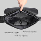 Trendy business casual travel crossbody bag in black, showing interior with inserted object bags, PAD exclusive pocket, and inside zipper pocket.