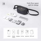 Black Oxford Voyager durable water-resistant crossbody bag with multi-floor space split bin design, holding phone, mobile power, eyeglass, car key, earphone, and ATM card.