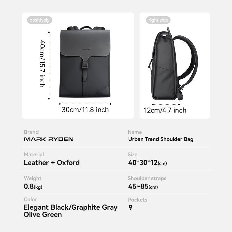 MARK RYDEN black leather and oxford school style business backpack with flap closure, buckle, 40x30x12 cm dimensions, front and right side views.