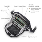 Oxford Voyager durable water-resistant black bag with gray interior, featuring pocket x2, zipper privacy pocket, pencil case, zipper mesh bag, stretchy organizer straps x8, and object lanyard.