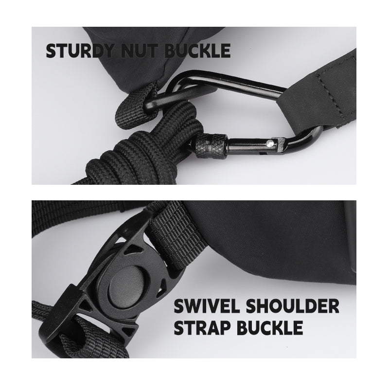 ChillFlex everyday sling bag featuring sturdy nut buckle with carabiner and coiled rope, plus swivel shoulder strap buckle in black.