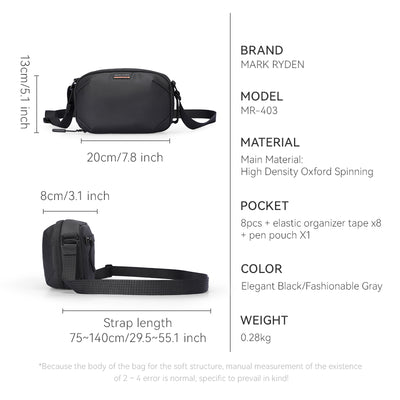 Mark Ryden Oxford Voyager bag in Elegant Black/Fashionable Gray, model MR-403, High Density Oxford Spinning material, 8 pockets, elastic organizer, pen pouch, dimensions 20cm x 13cm, strap 75-140cm