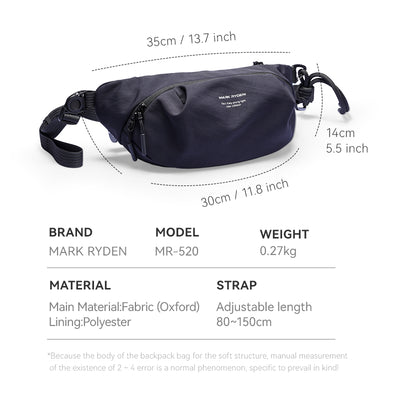 Dark blue Mark Ryden ChillFlex everyday sling bag with adjustable strap, Oxford fabric, 35x30x14cm dimensions.
