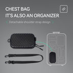 Black textured small crossbody purse with detachable shoulder strap, designed as a travel organizer and chest bag.