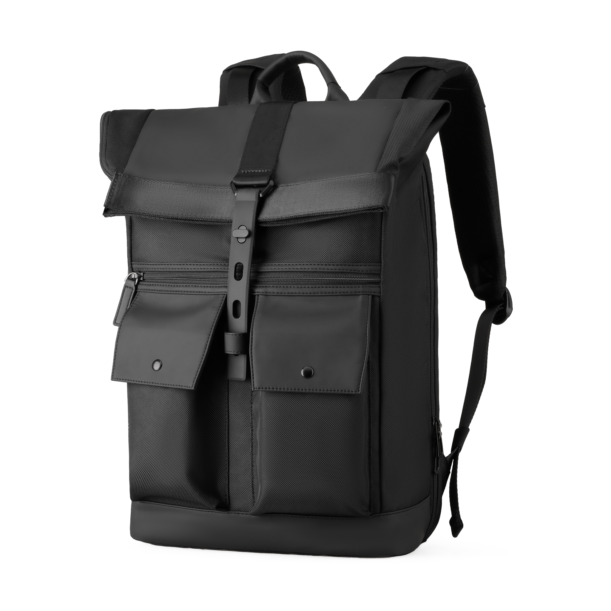 Black rolltop daily commute backpack by Mark Ryden Global with multiple pockets