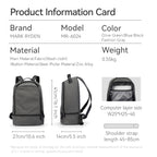 MarkRyden Drifter ultra-light backpack in Fashion Gray, featuring wash cloth fabric, steel buttons, zinc alloy pullers, dimensions 27x14x41cm, 0.55kg weight, and laptop compartment (W25*H25~40).