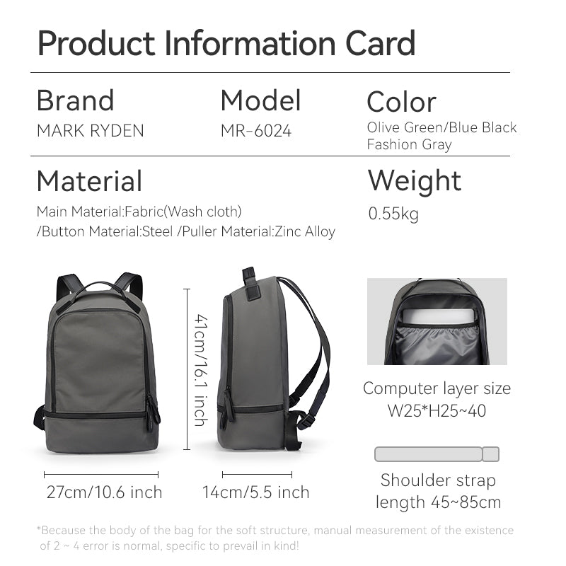 MarkRyden Drifter ultra-light backpack in Fashion Gray, featuring wash cloth fabric, steel buttons, zinc alloy pullers, dimensions 27x14x41cm, 0.55kg weight, and laptop compartment (W25*H25~40).