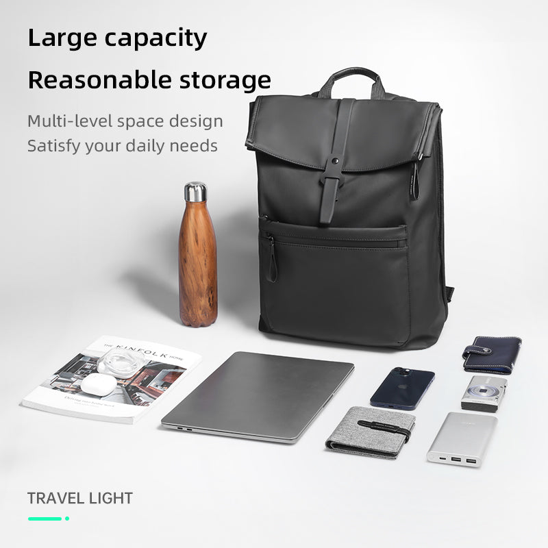 Mark Ryden Global black leather casual multilayer backpack with large storage, daily essentials shown