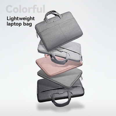 Colorful lightweight business work style laptop bags in gray, light gray, pink, dark gray, and black, designed for 13.3-15.6 inch laptops with handles, from MARK RYDEN Global.