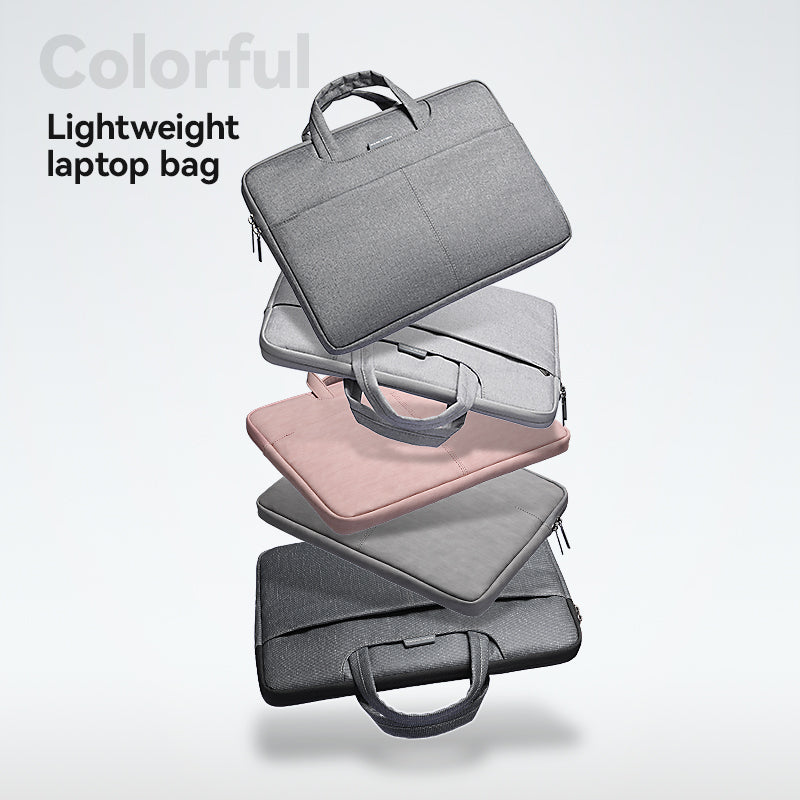 Colorful lightweight business work style laptop bags in gray, light gray, pink, dark gray, and black, designed for 13.3-15.6 inch laptops with handles, from MARK RYDEN Global.