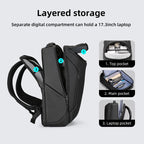 Futuristic black MarkRyden daily backpack with layered storage, holds 17.3in laptop