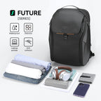 Black Mark Ryden Global Future Series backpack with waterproof design, multiple compartments, 15.6" laptop pocket, and anti-collision protection, displayed with neatly organized personal items like folded clothes, headphones, smartphone, and wallet.