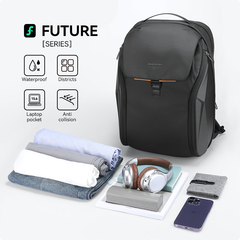 Black Mark Ryden Global Future Series backpack with waterproof design, multiple compartments, 15.6" laptop pocket, and anti-collision protection, displayed with neatly organized personal items like folded clothes, headphones, smartphone, and wallet.