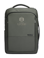 Gray Mark Ryden customized anti-theft backpack with 'Customs Legal Solutions' logo