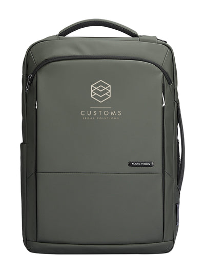 Gray Mark Ryden customized anti-theft backpack with 'Customs Legal Solutions' logo