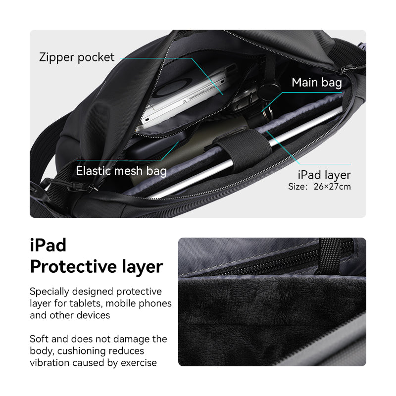 Black waterproof messenger bag interior with YKK zipper, spacious compartments, iPad layer 26×27cm