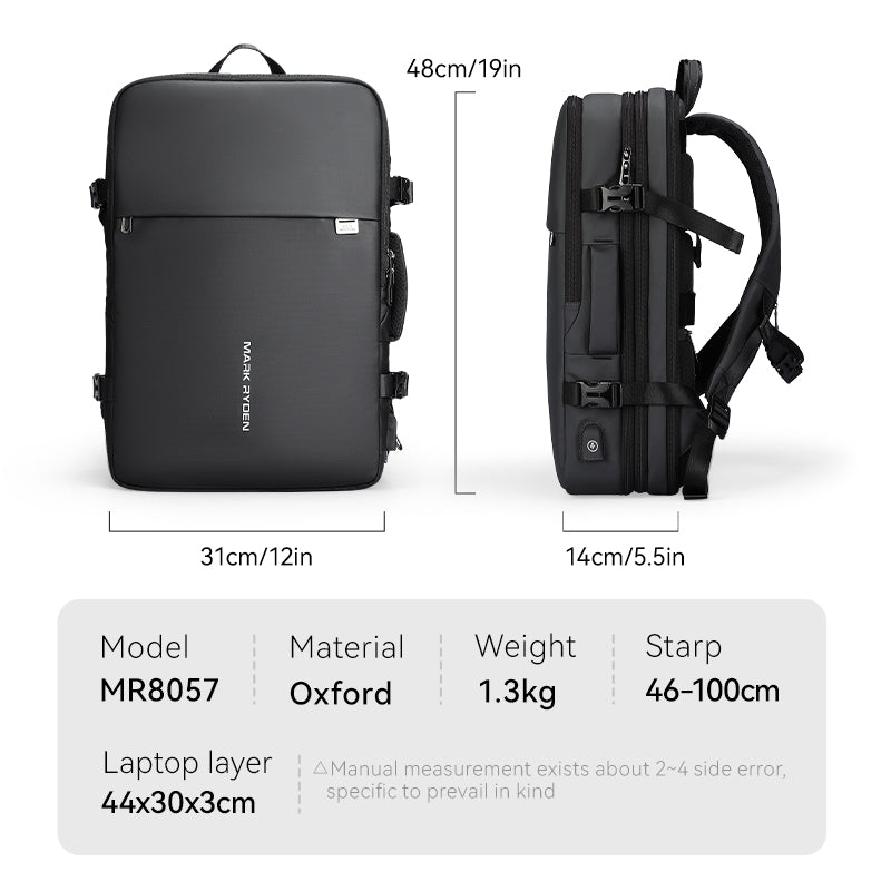 Black Mark Ryden Pathrato backpack with multi-layered compartments, minimalistic design, shown front and side views. Features Oxford material, 31x48cm dimensions, and laptop layer 44x30x3cm.