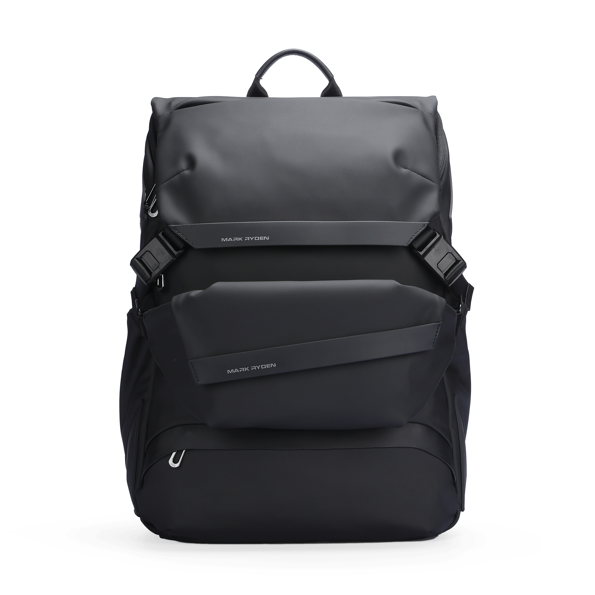 Black Mark Ryden Almighty multi-functional two-in-one backpack with sleek design, front pocket, multiple compartments, adjustable straps, and top handle.
