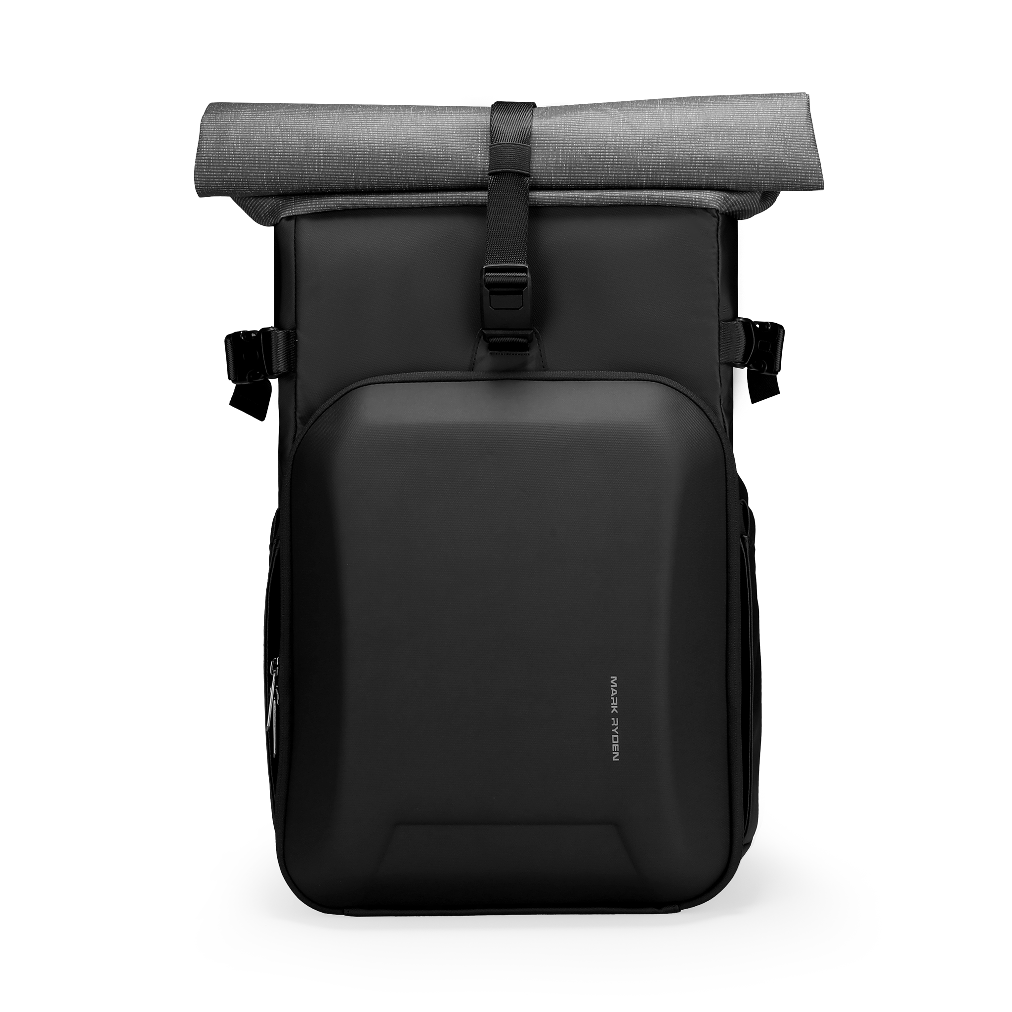 Mark Ryden black anti-theft camera backpack with roll-top closure and secure compartments