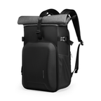 Mark Ryden black and gray large-capacity camera backpack with roll-top closure, multiple zippered compartments, and padded shoulder straps.