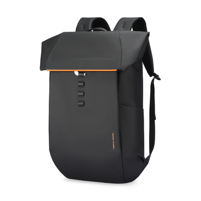 Black Mark Ryden multi-functional backpack with 180° closure flap, orange accent stripe, three front buckles, and 28L large capacity for modern travelers.