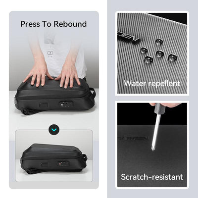 Black GuardianShell Secure Hardshell Backpack featuring water repellent fabric, scratch-resistant surface, and Press To Rebound functionality.