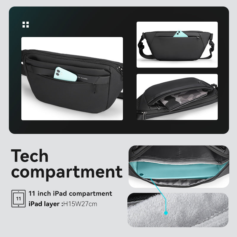 MarkRyden Global black waterproof crossbody bag with 11-inch iPad tech compartment