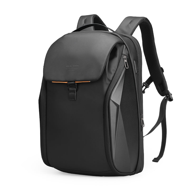 Black Mark Ryden FileMaster backpack with textured flap, orange accent, multiple zippered compartments, and padded straps for organized travel.