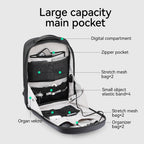 Black hard-shell waterproof laptop backpack with large capacity main pocket, showcasing digital compartment, zipper pocket, multiple stretch mesh bags, small object elastic bands, organ velcro, and organizer bags.