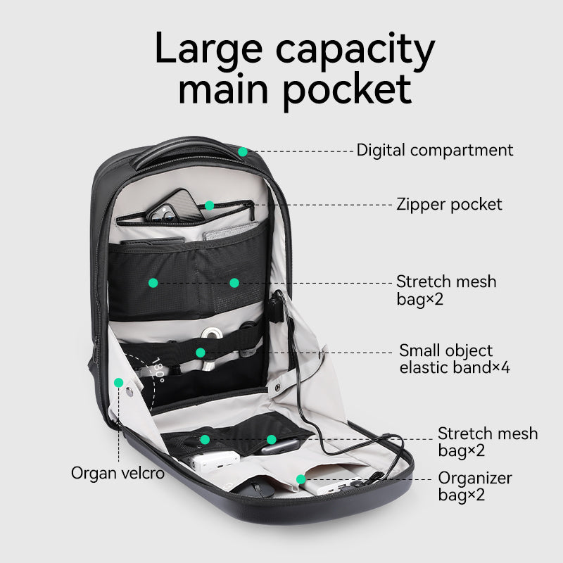 Black hard-shell waterproof laptop backpack with large capacity main pocket, showcasing digital compartment, zipper pocket, multiple stretch mesh bags, small object elastic bands, organ velcro, and organizer bags.