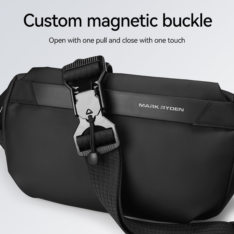 Black leather EasePack Sling crossbody bag with custom magnetic buckle, opens with one pull and closes with one touch, ideal for travel and daily comfort by Mark Ryden.