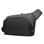 Sleek black waterproof crossbody bag featuring rectangular main compartment, zippered side pocket, textured strap, and USB port for daily use.