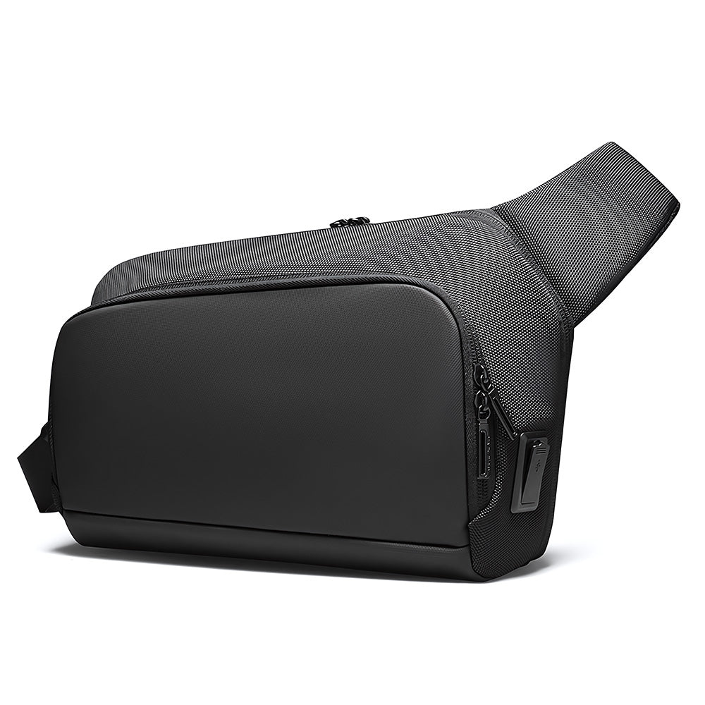 Sleek black waterproof crossbody bag featuring rectangular main compartment, zippered side pocket, textured strap, and USB port for daily use.