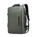 Olive green expandable laptop backpack with front zippered pocket, padded adjustable straps, and USB port—versatile for all-day travel by MARK RYDEN Global.