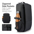 Super Light black leather computer commuter backpack with zippered side pockets holding a wooden water bottle, multi-compartment and waterproof design.