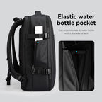 Black professional business backpack with elastic water bottle pocket (fits 1L bottle, 6cm diameter) and YKK zippers.