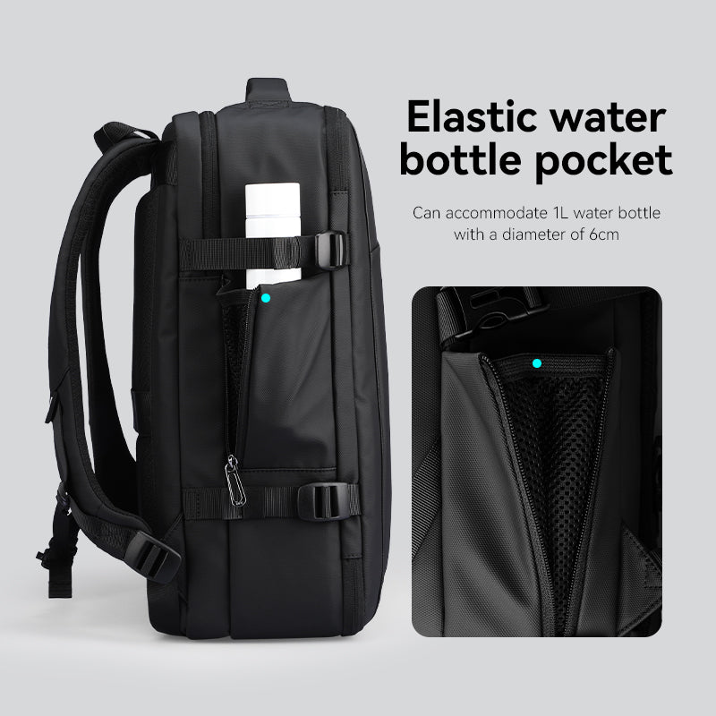 Black professional business backpack with elastic water bottle pocket (fits 1L bottle, 6cm diameter) and YKK zippers.