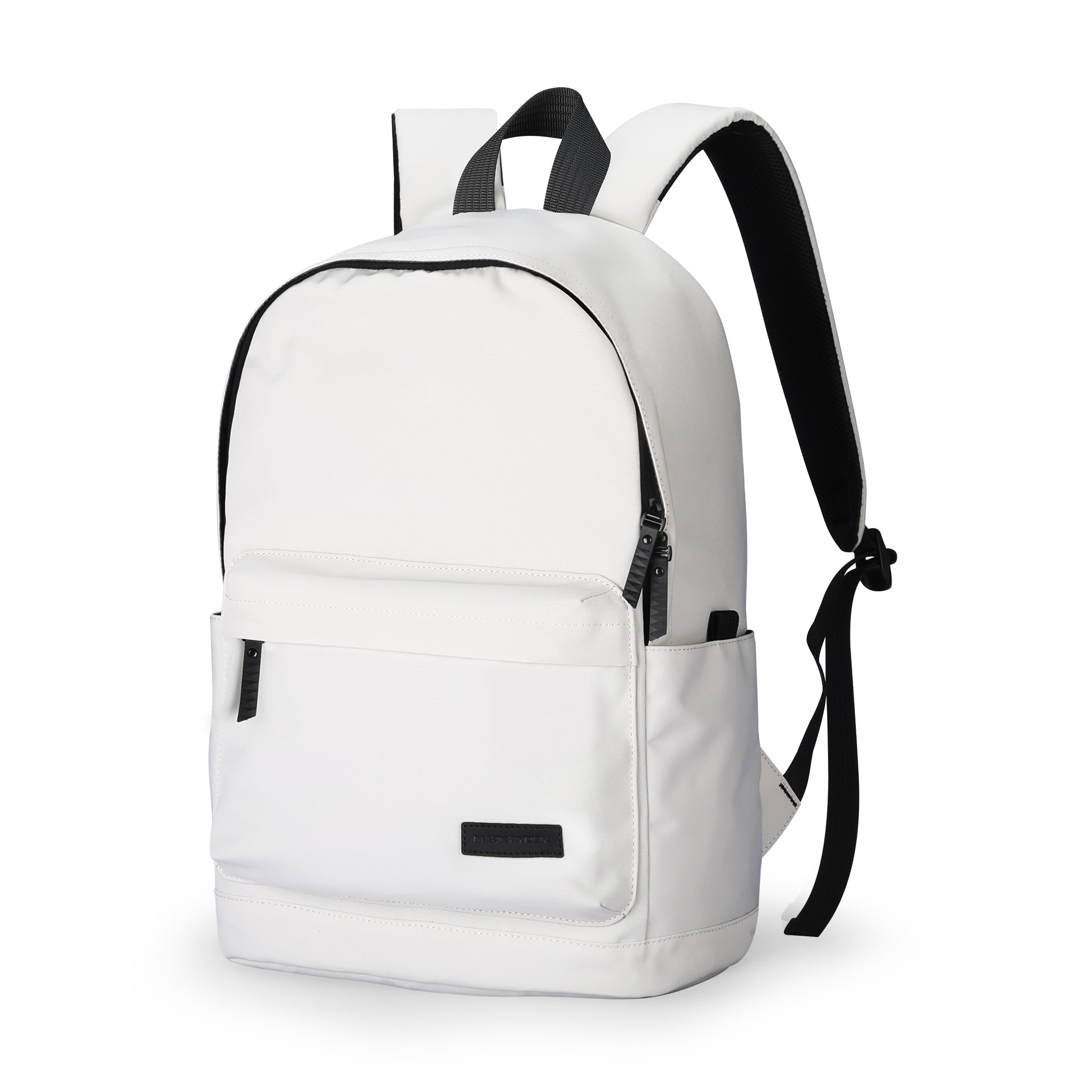 DuoHuePack MarkRyden Daily Lightweight School Backpack in white with black padded straps, front zippered pocket, and side pocket.