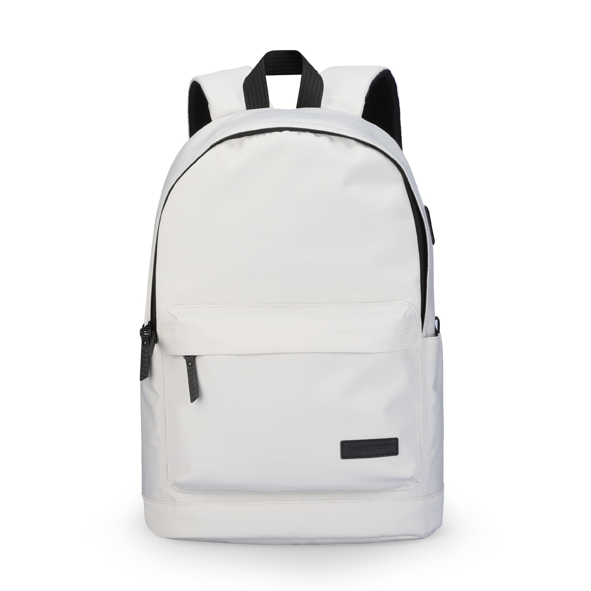 White MarkRyden DuoHuePack lightweight school backpack with black straps, front zip pocket, and small brand label on smooth fabric.