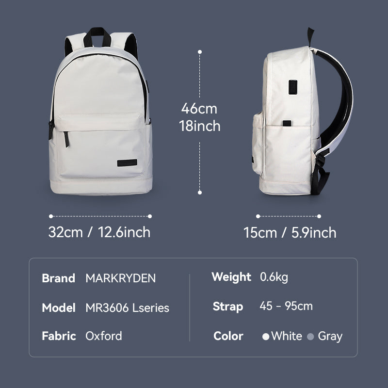 MarkRyden MR3606 Lseries daily backpack, white gray oxford fabric, 46cm tall