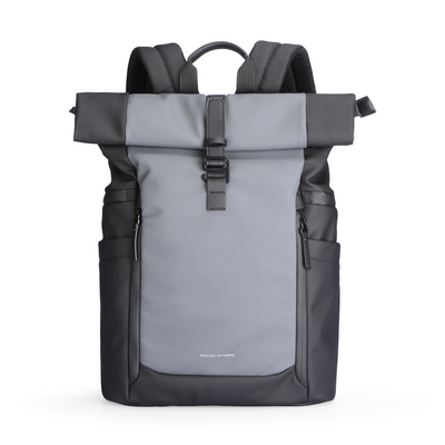 Gray and black sleek multi-compartment laptop backpack with roll-top closure, buckle, side zip pockets, and dynamic design by MARK RYDEN